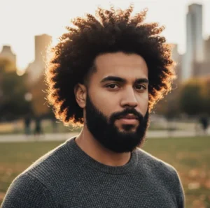 Blowout Taper Curly Hair with Beard